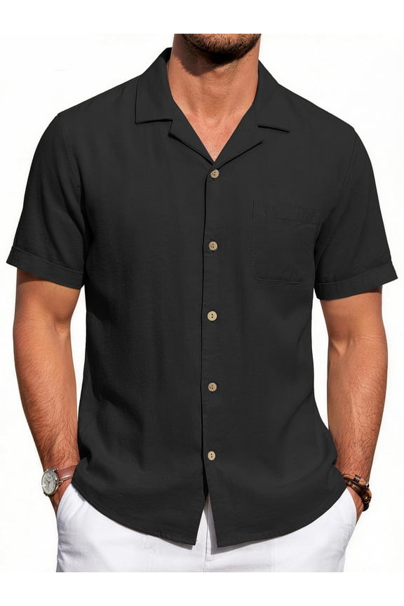 Men Linen Shirts Casual Short Sleeve Button Down Shirts for Men Beach Tops with Pocket