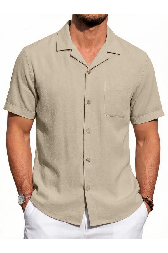Men Linen Shirts Casual Short Sleeve Button Down Shirts for Men Beach Tops with Pocket