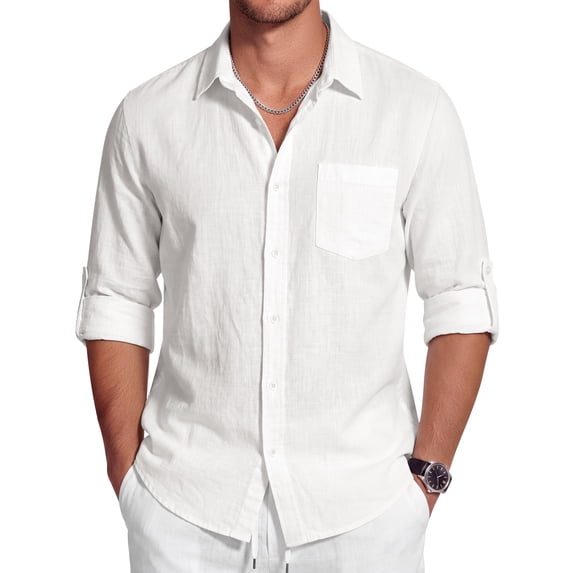 GENTS BLISS Men Linen Shirts Long Sleeve Button Down Shirts for Men Roll-up Solid Shirts with Pocket