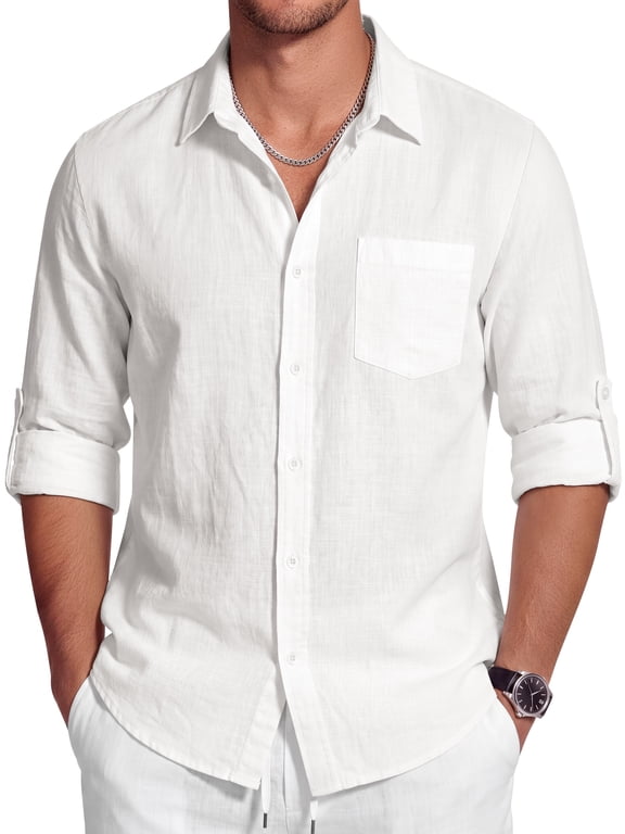 Men Linen Shirts Long Sleeve Button Down Shirts for Men Roll-up Solid Shirts with Pocket