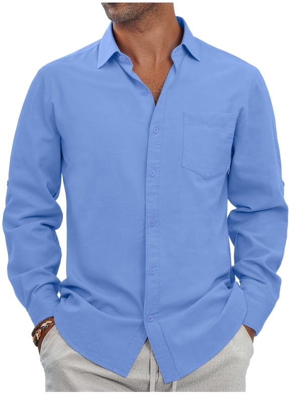 Men Linen Shirts Long Sleeve Button Down Shirts for Men Roll-up Solid Shirts with Pocket
