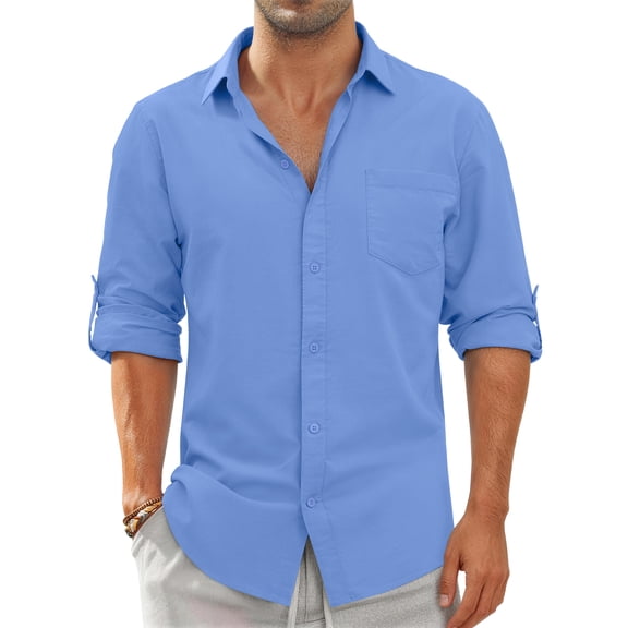 GENTS BLISS Men Linen Shirts Long Sleeve Button Down Shirts for Men Roll-up Solid Shirts with Pocket