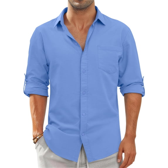 GENTS BLISS Men Linen Shirts Long Sleeve Button Down Shirts for Men Roll-up Solid Shirts with Pocket
