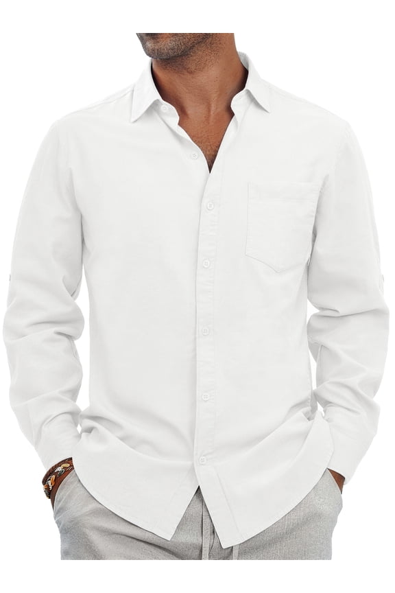 Men Linen Shirts Long Sleeve Button Down Shirts for Men Roll-up Solid Shirts with Pocket