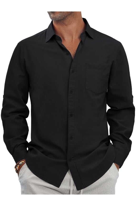 Men Linen Shirts Long Sleeve Button Down Shirts for Men Roll-up Solid Shirts with Pocket