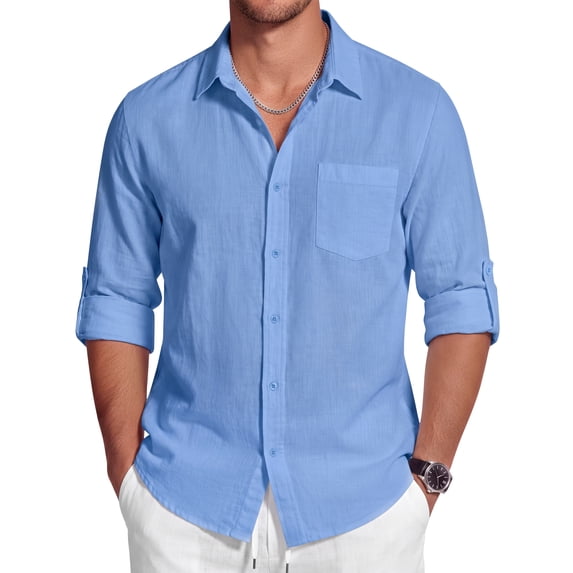 GENTS BLISS Men Linen Shirts Long Sleeve Button Down Shirts for Men Roll-up Solid Shirts with Pocket