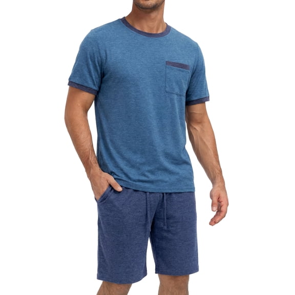 GENTS BLISS Men Pajamas Set Crewneck 2 Piece Set Short Sleeve Shirt with Color Block Pocket and Soft Shorts Loungewear