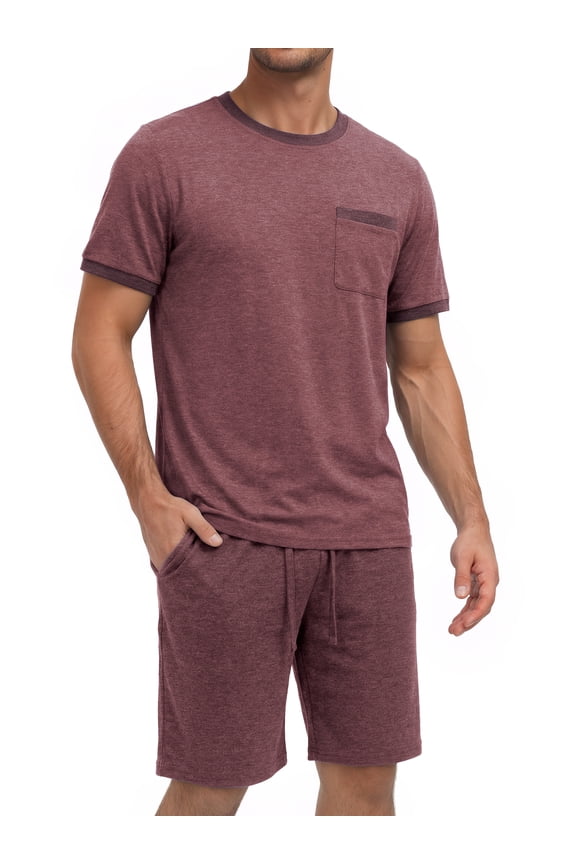 Men Pajamas Set Crewneck 2 Piece Set Short Sleeve Shirt with Color Block Pocket and Soft Shorts Loungewear