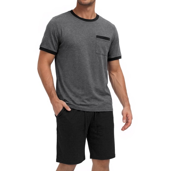GENTS BLISS Men Pajamas Set Crewneck 2 Piece Set Short Sleeve Shirt with Color Block Pocket and Soft Shorts Loungewear
