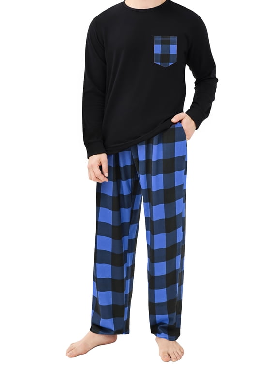 Men Pajamas Set Long Sleeve 2 Piece Set Crewneck Shirts with Pocket and Plaid Soft Bottoms Sets Sleep Pajamas for Men