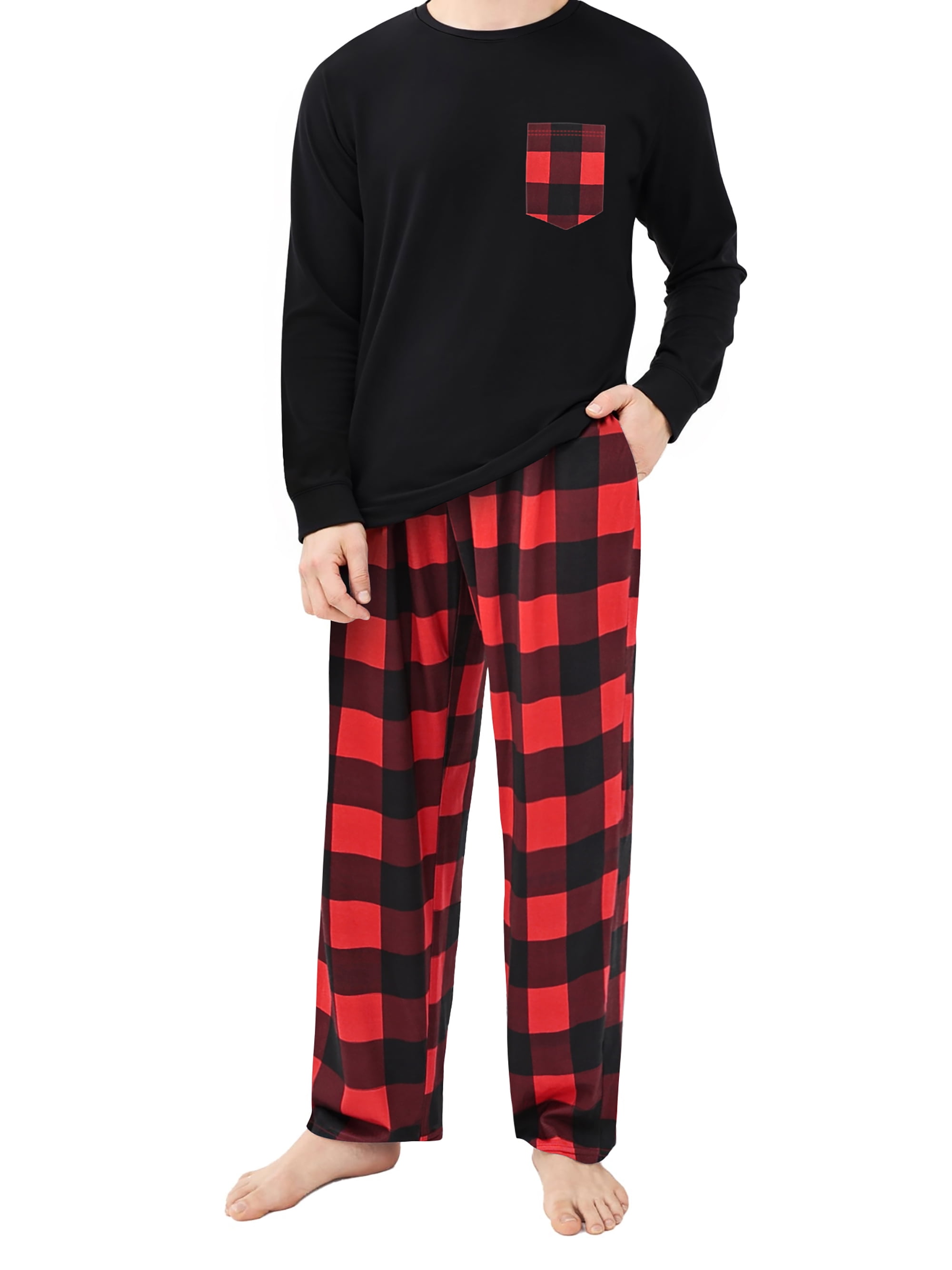 Men Pajamas Set Long Sleeve 2 Piece Set Crewneck Shirts with Pocket and Plaid Soft Bottoms Sets Sleep Pajamas for Men