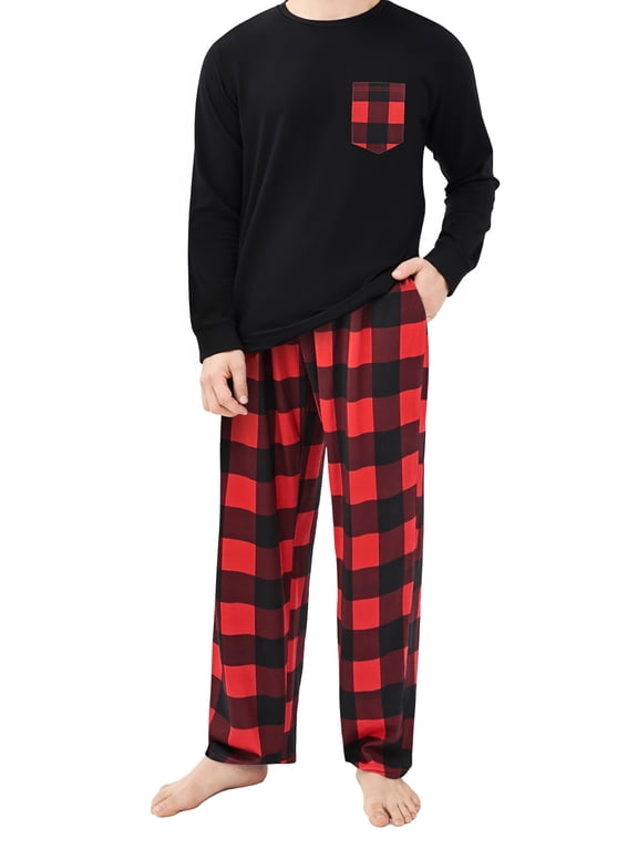 Men Pajamas Set Long Sleeve 2 Piece Set Crewneck Shirts with Pocket and Plaid Soft Bottoms Sets Sleep Pajamas for Men