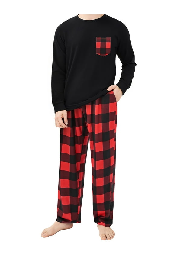 Men Pajamas Set Long Sleeve 2 Piece Set Crewneck Shirts with Pocket and Plaid Soft Bottoms Sets Sleep Pajamas for Men