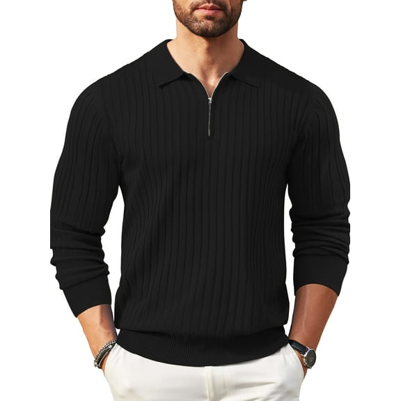 GENTS BLISS Polo Shirts for Men Casual Long Sleeve Mens Shirts Zipper Ribbed Knit Shirt