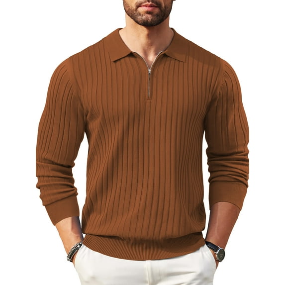 GENTS BLISS Polo Shirts for Men Casual Long Sleeve Mens Shirts Zipper Ribbed Knit Shirt