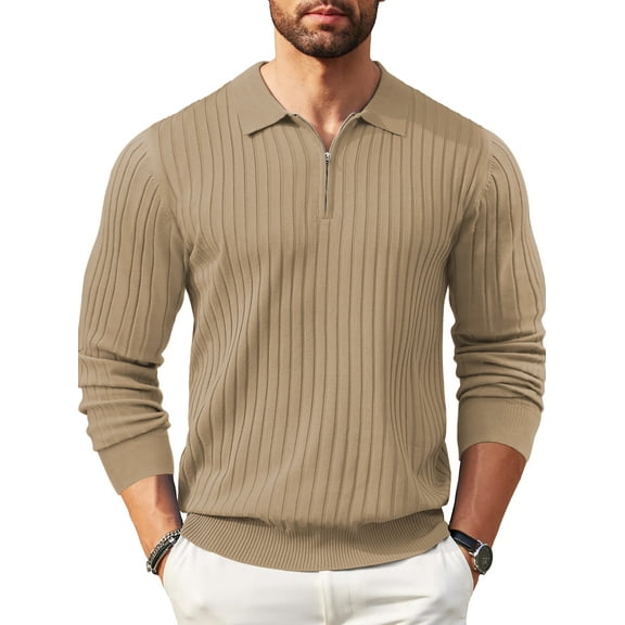 GENTS BLISS Polo Shirts for Men Casual Long Sleeve Mens Shirts Zipper Ribbed Knit Shirt