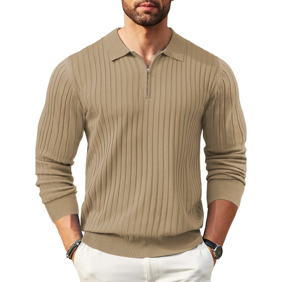 GENTS BLISS Polo Shirts for Men Casual Long Sleeve Mens Shirts Zipper Ribbed Knit Shirt