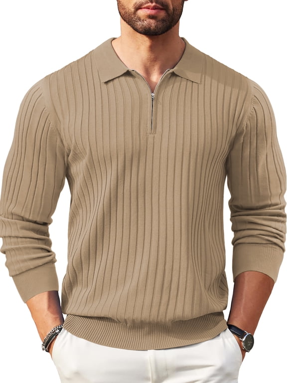 Polo Shirts for Men Casual Long Sleeve Mens Shirts Zipper Ribbed Knit Shirt