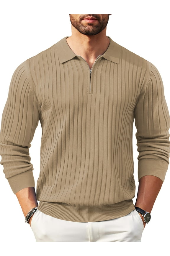 Polo Shirts for Men Casual Long Sleeve Mens Shirts Zipper Ribbed Knit Shirt