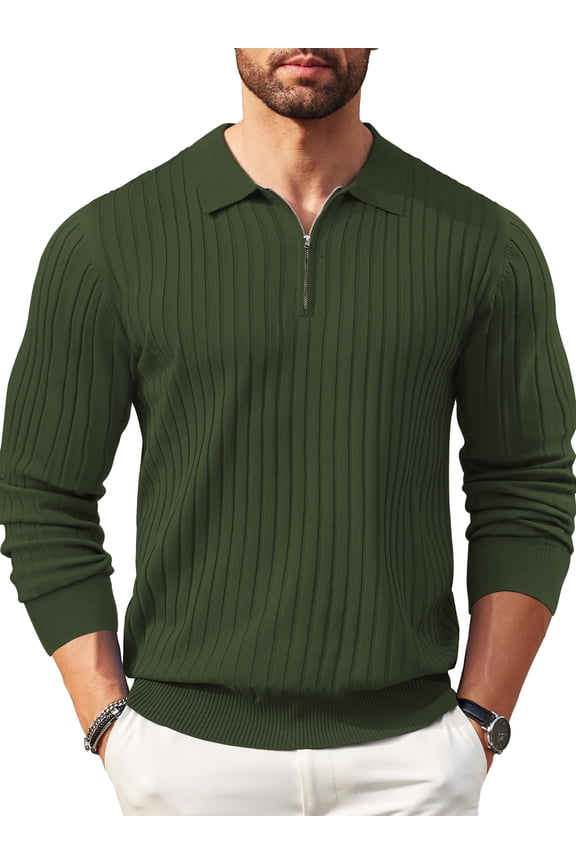 Polo Shirts for Men Casual Long Sleeve Mens Shirts Zipper Ribbed Knit Shirt