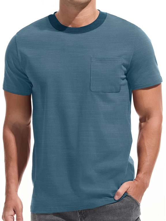 Short Sleeve Men T shirts Ribbed Crew Neck Shirts for Men Color Block Tee Shirts with Pocket