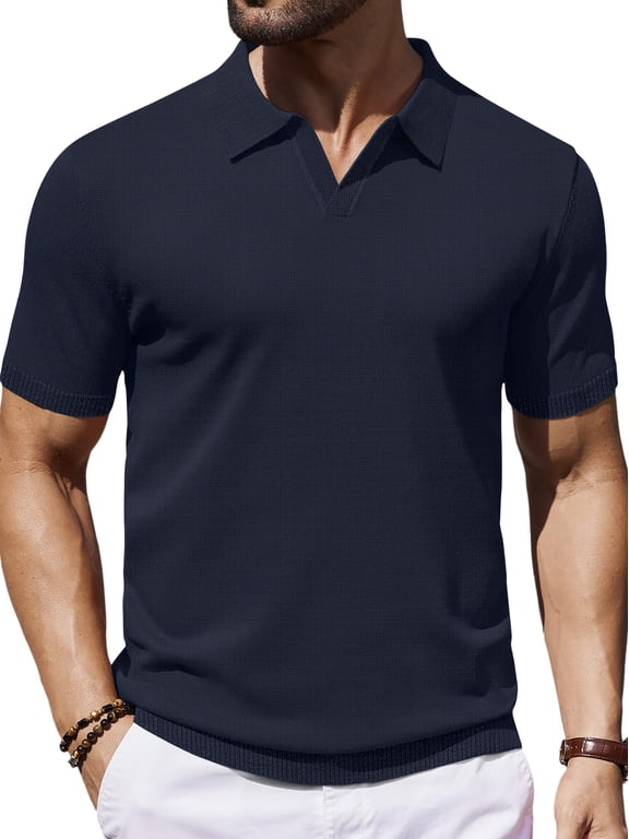 V Neck Men Polo Shirts Short Sleeve Knit T shirts for Men Casual Stretch Men Shirts