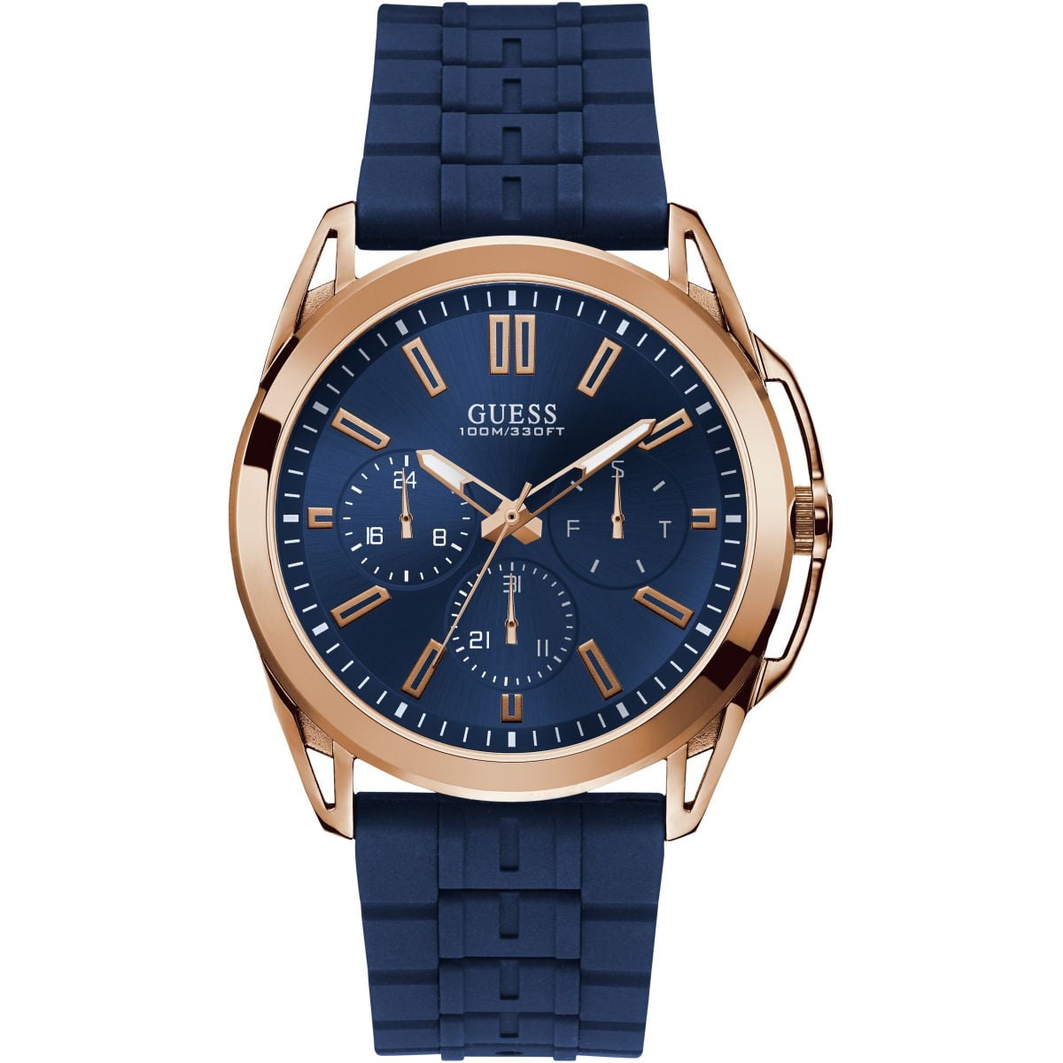 GENTS ROSE GOLD TONE CASE BLUE SILICONE WATCH W1177G4