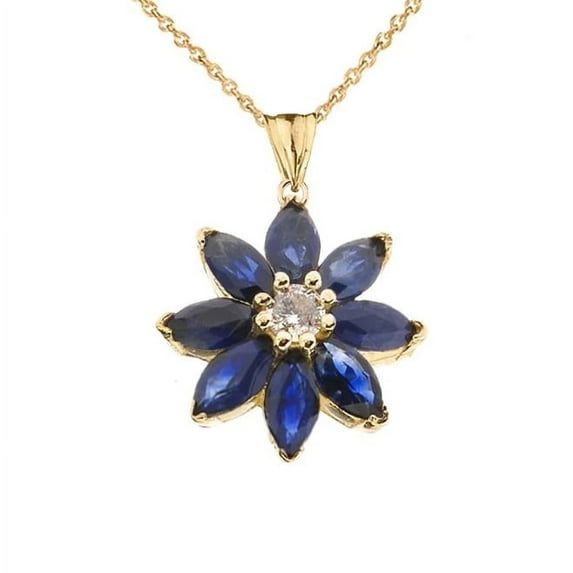 GENUINE SAPPHIRE AND DIAMOND DAISY PENDANT NECKLACE IN YELLOW GOLD : 10K Pendant with 20" chain