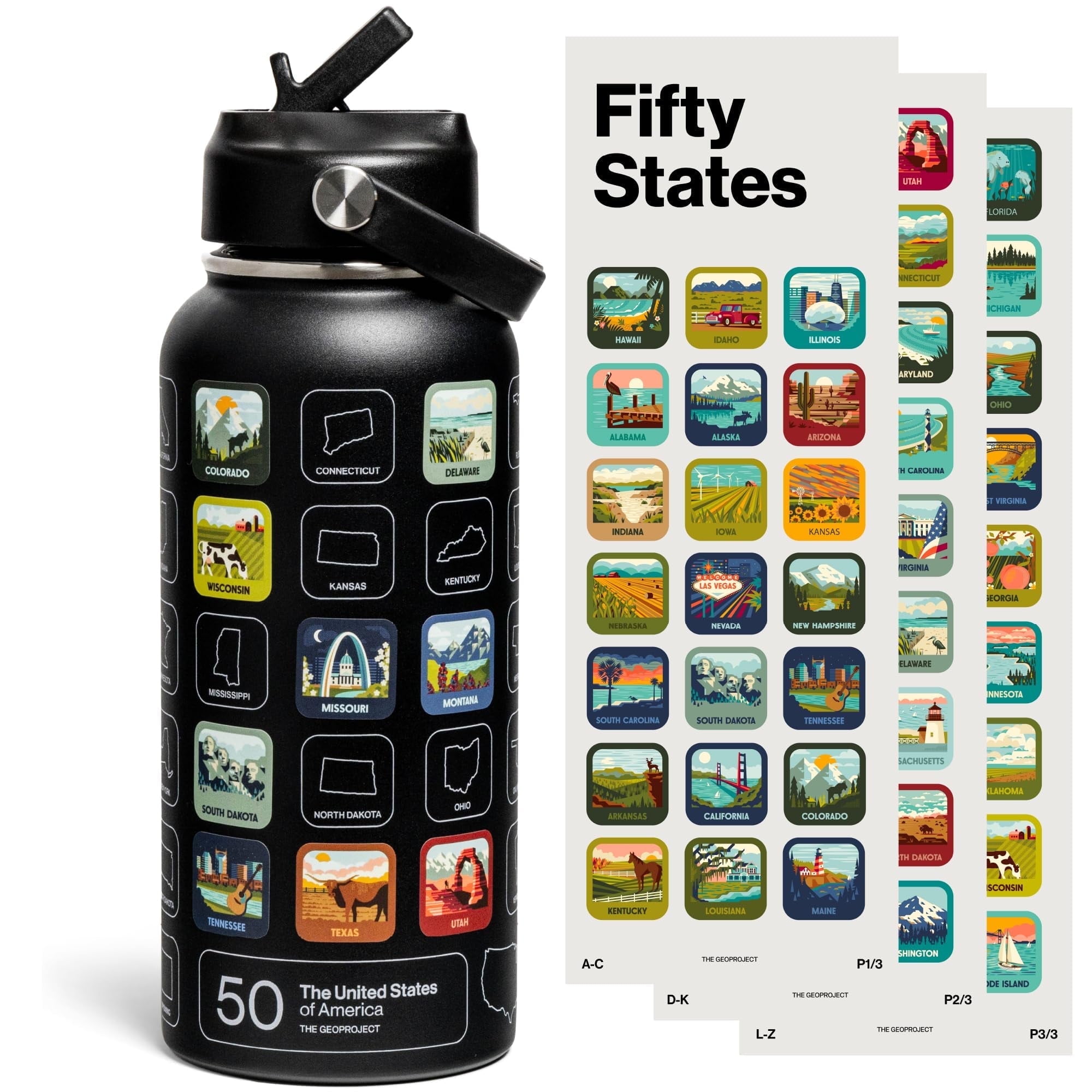 THE GEOPROJECT 50 States Bucket List Water Bottle with Stickers - 32oz ...