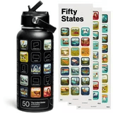 THE GEOPROJECT 50 States Bucket List Water Bottle with Stickers - 32oz Leakproof Insulated Stainless Steel with Straw & 50 States Water Bottle Stickers (Black)