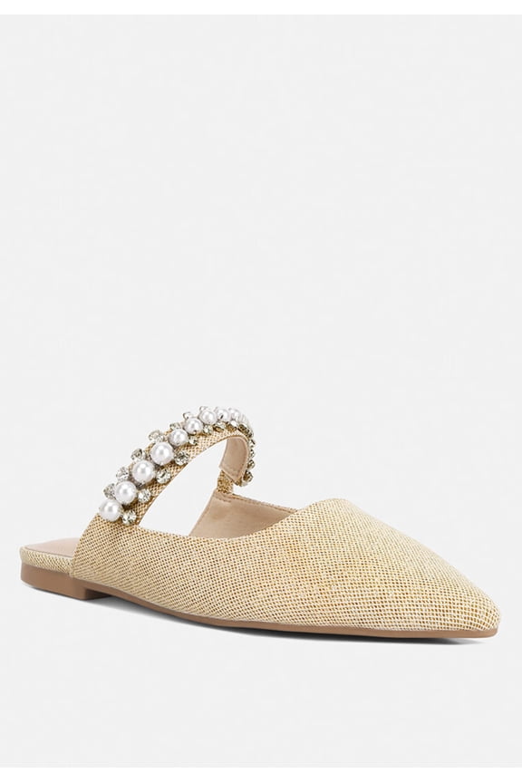 GEODE Pearl Embellished Slip On Mules In Beige