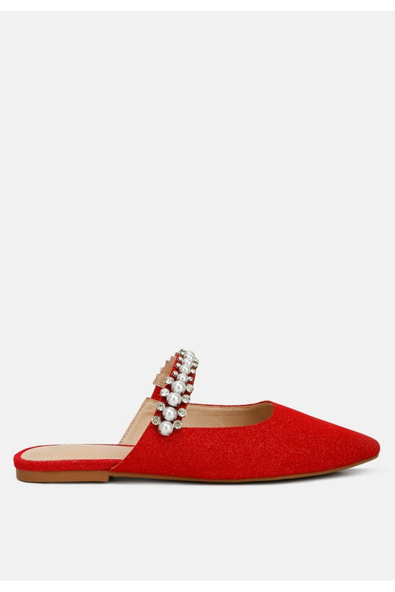 GEODE Pearl Embellished Slip On Mules In Red
