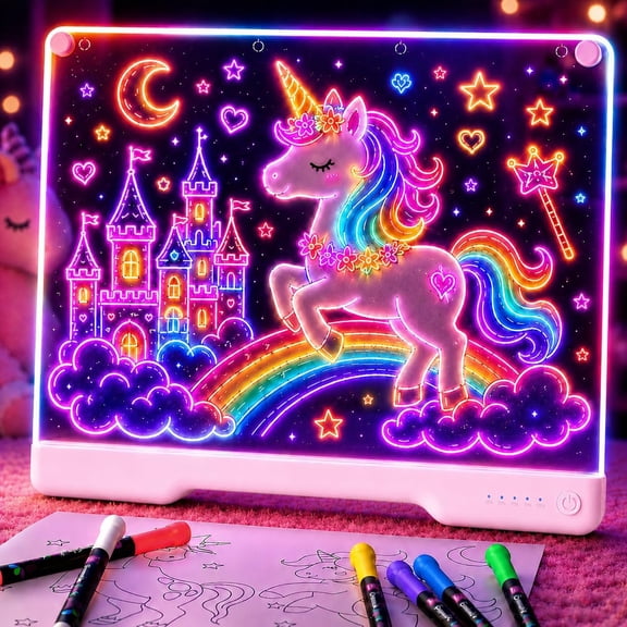 GEOKAY 16″ LED Drawing Board, Creative Kids Toys, Rechargeable Doodle Glow Board with 9 Neon Colors,Stand & 6 Markers, Birthday/Holiday Gift for Boys Girls (Pink)