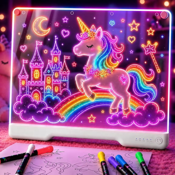 GEOKAY 16" LED Drawing Board, Rechargeable Doodle Glow Board with 9 Neon Colors, Stand & 6 Markers, Birthday/Holiday Gift for Boys Girls (White)