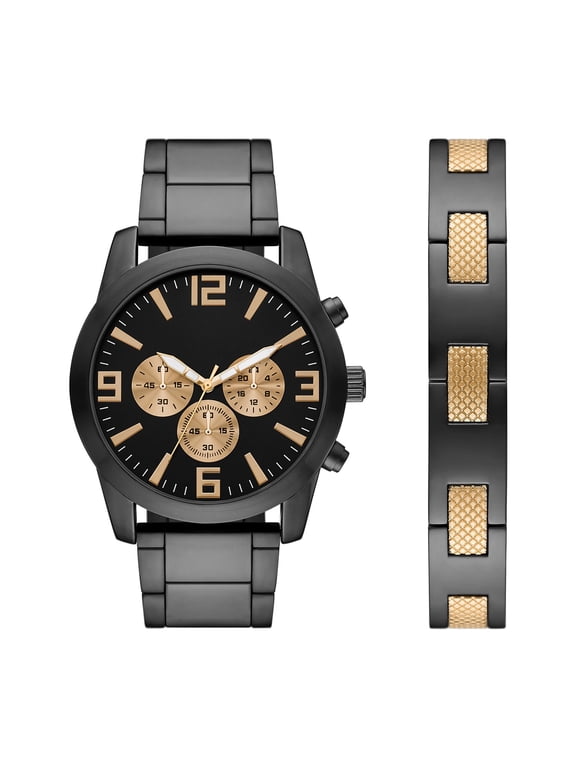Men's Two-tone Black and Gold Watch Set, 2 Piece Watch and Bracelet Set(FMDXGE036)