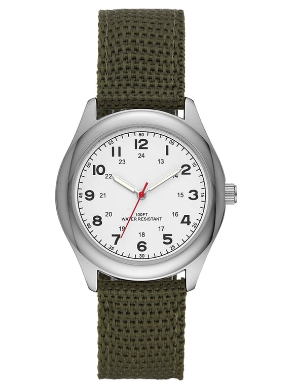 Men's Watch: Silvertone Case, White Easy Read Dial, Olive Green Nylon Strap (FMDOGE006)