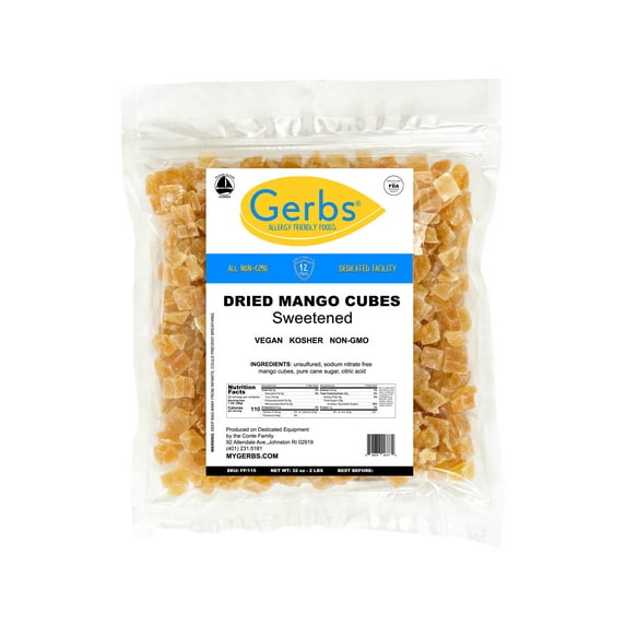 GERBS Dried Mango Cubes 2 LBS. | Freshly Dehydrated Resealable Bulk Bag | Top Food Allergy Free | Sulfur Dioxide Free Diced Mangoes | Vitamin B, Boost energy and reduce stress | Gluten & Peanut Free