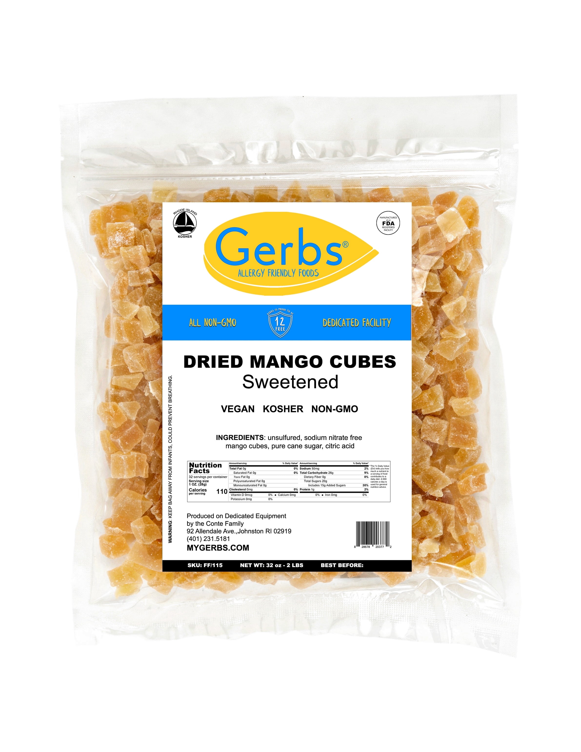 GERBS Dried Mango Cubes 2 lbs | Freshly Dehydrated Resealable Bulk Bag | Top Food Allergy Free | Sulfur Dioxide Free Diced Mangoes | Gluten & Peanut Free