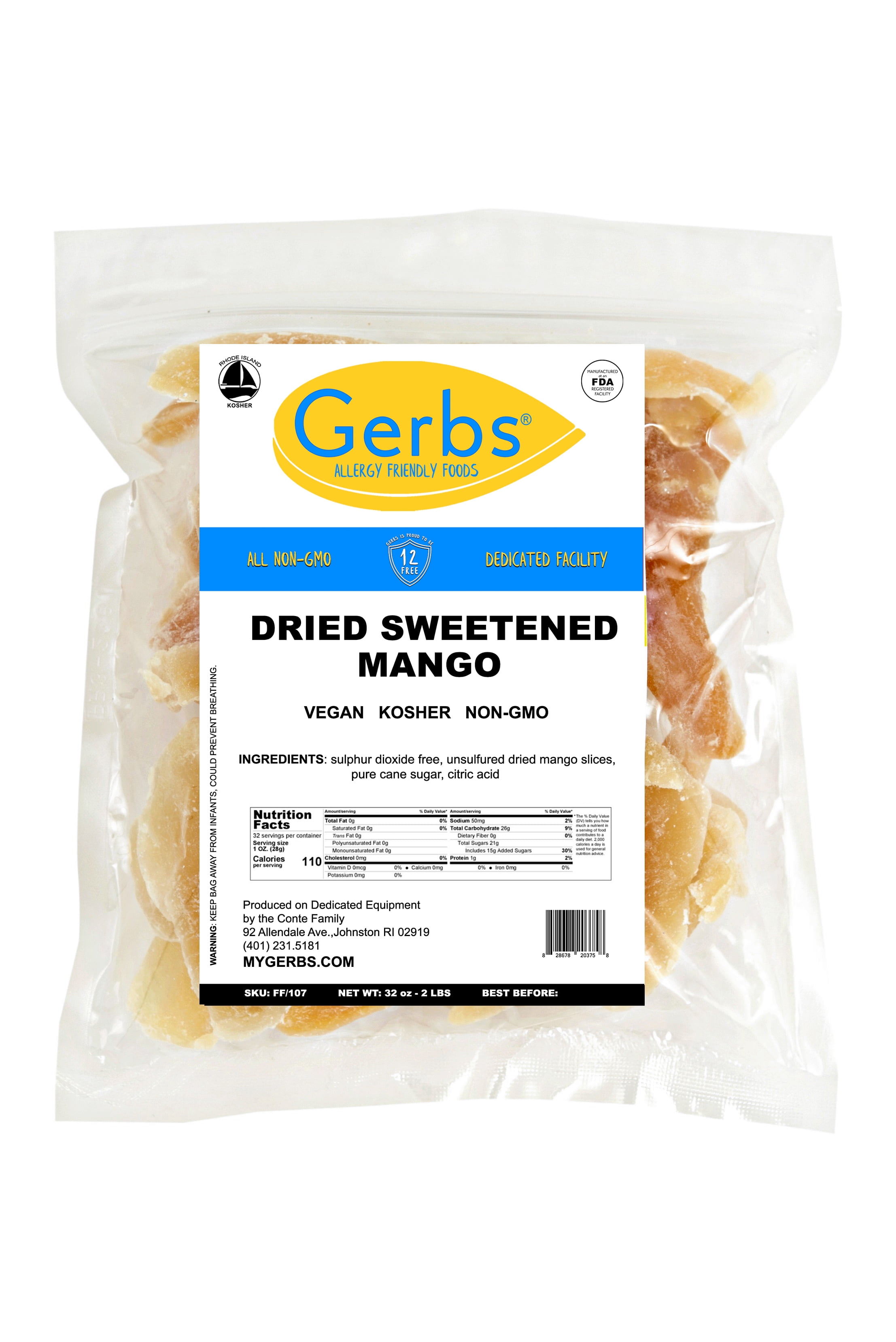 GERBS Dried Mango Slices 2 LBS. Freshly Dehydrated Resealable Bulk Bag Top Food Allergy Free