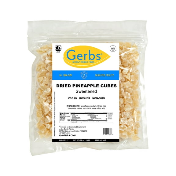 GERBS Dried Pineapple Cubes 2 LBS. | Freshly Dehydrated Resealable Bulk Bag | Top Food Allergy Free | Sulfur Dioxide Free Diced Pineapple|Effective in acne flairs & bone health | Gluten & Peanut Free