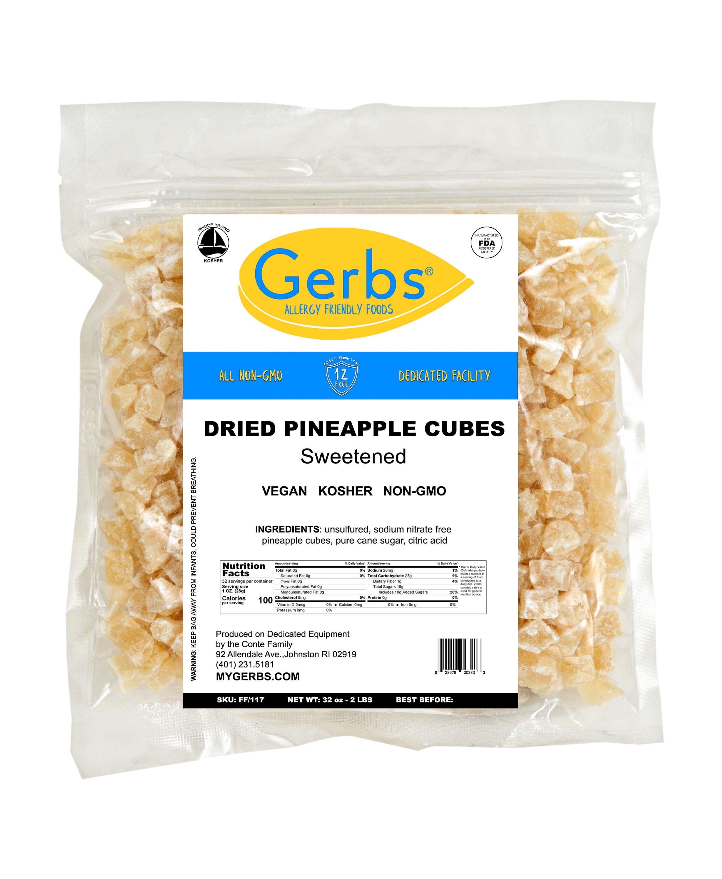 GERBS Dried Pineapple Cubes 2 LBS. | Freshly Dehydrated Resealable Bulk Bag | Top Food Allergy Free | Sulfur Dioxide Free Diced Pineapple|Effective in acne flairs & bone health | Gluten & Peanut Free