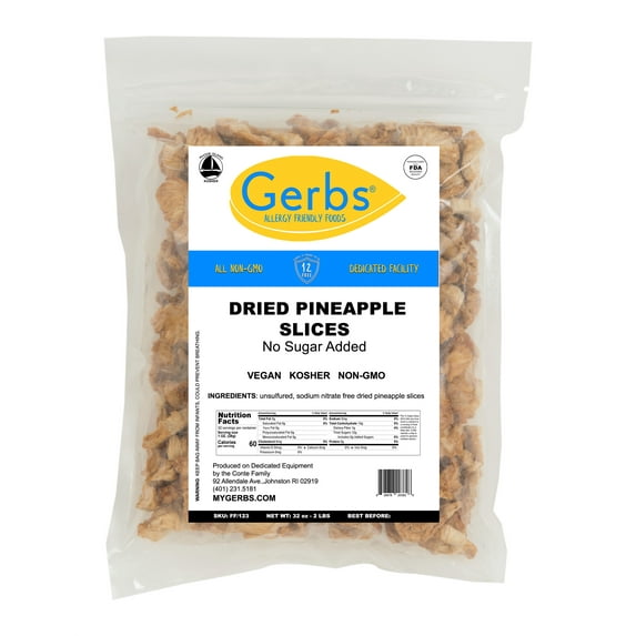 GERBS Dried Pineapple Slices Unsweetened 2 LBS. | Freshly Dehydrated Resealable Bulk Bag | Top Food Allergy Free | Sulfur Dioxide Free |Effective in acne flairs & bone health | Gluten & Peanut Free
