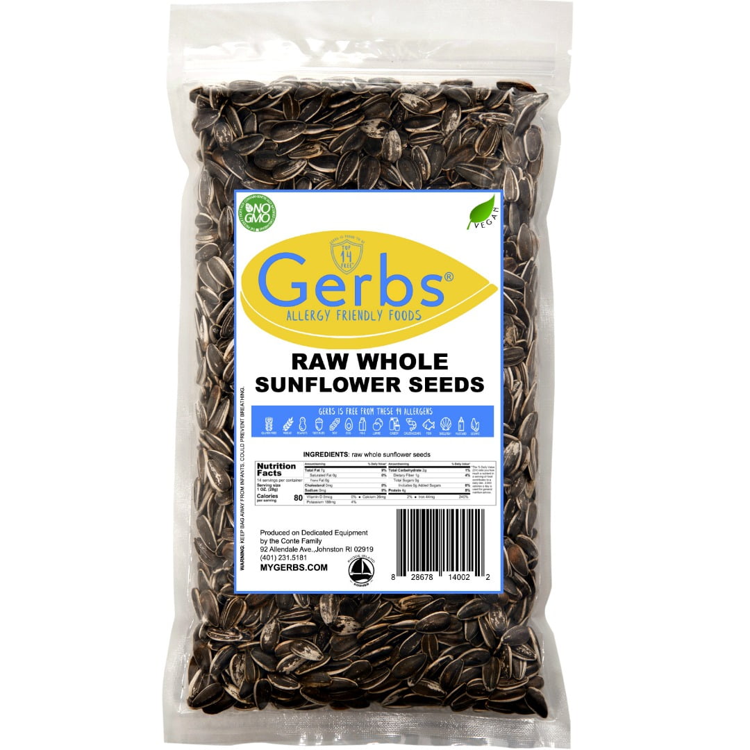 GERBS Raw Whole Sunflower Seeds, 32 oz (2 lb re-closeable bag), Top 14 Food Allergen Free, Non GMO, Vegan, Keto, Paleo Friendly