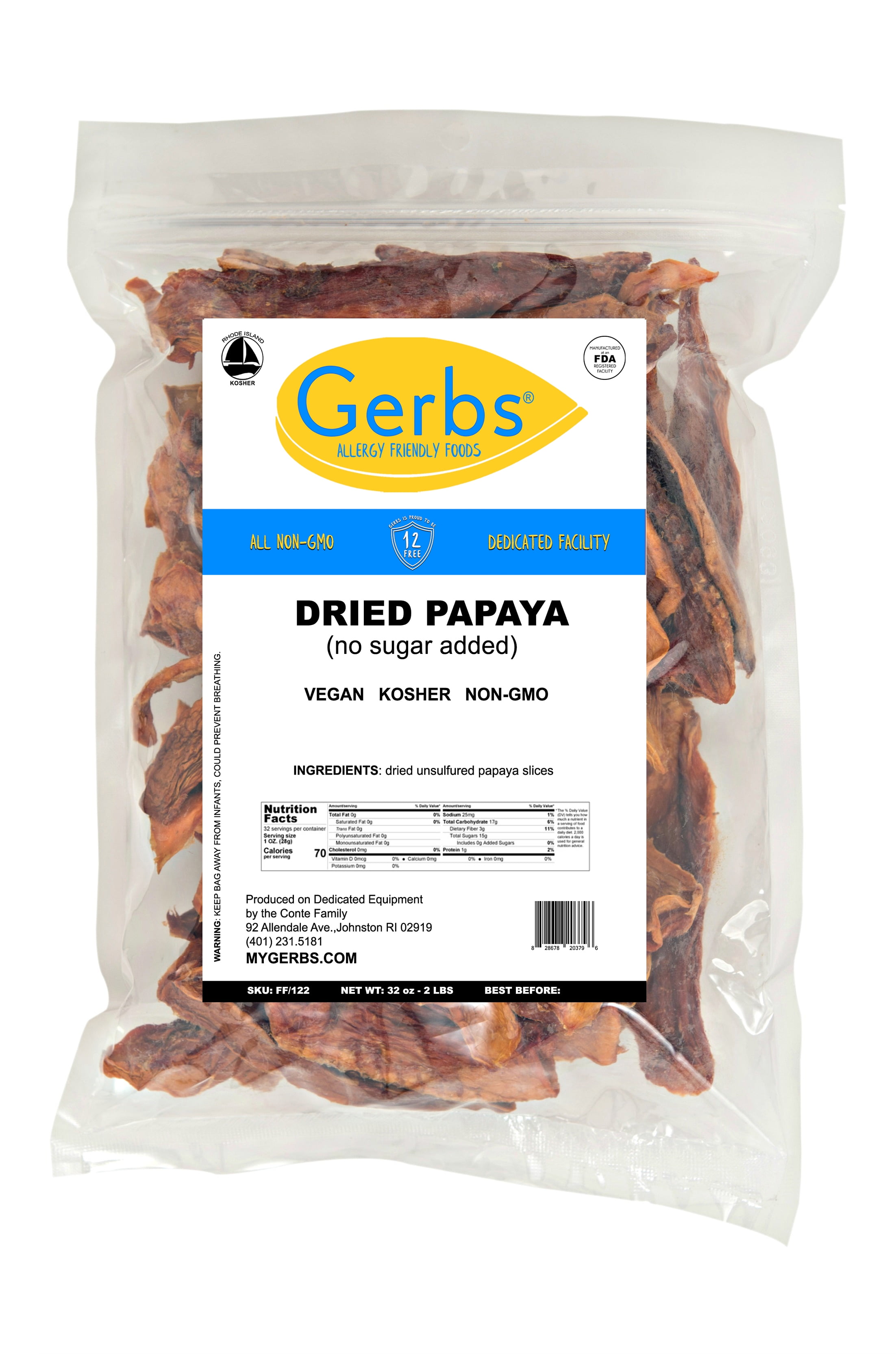 GERBS Unsweetened Dried Papaya Slices, 32 ounce Bag, Unsulfured