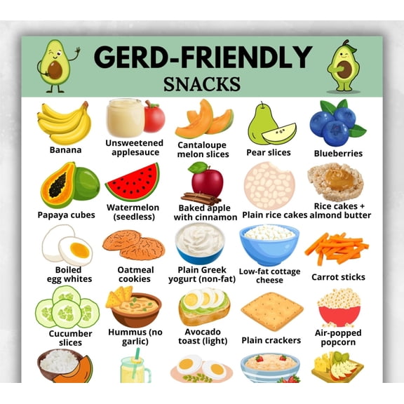 GERD Friendly Snack List Poster, Acid Reflux Snack Creative Poster, Reflux Awareness Food List, GERD Friendly Food List, Acid Diet Food List Poster