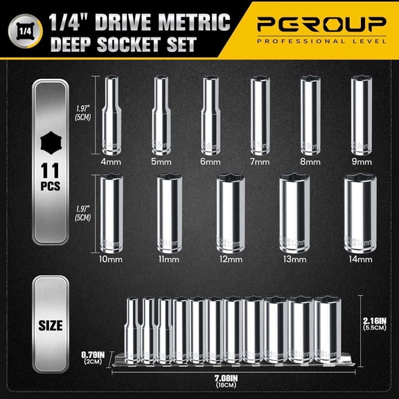 GEREMF-1/4" Drive Deep Socket Set, 11PCS Metric Size Socket Set (4mm-14mm), 6-Point Design, Equipped with Storage Holder, Chrome Vanadium Steel