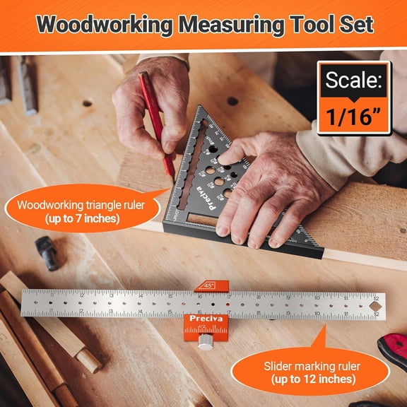 GEREMF-2 PCS Aluminum Alloy Carpenter Square Set - 12" Magnetic Combination Square & 7 Rafter Square with Drill Guide | 5-in-1 Layout Tool for Woodworking Framing and DIY