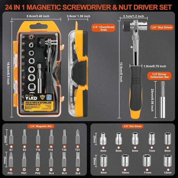 GEREMF-24 in 1 Magnetic Ratchet Screwdriver Set,Magnetic Screwdriver CR-V Steel Multi Bit Metric Sockets 1/4 Extension Bar,Quick-Switch Ratchet Portable Compact Repair Tool Kit for Home,DIY,Bike,Fur