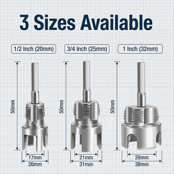 GEREMF-3-Piece PVC Pipe Threader Tool Set (1/2", 3/4", 1"), Electric Drill Powered Plumbing Thread Maker, Heavy-Duty Carbon Steel NPT Die Kit for Internal & External Plastic Pipe Threading