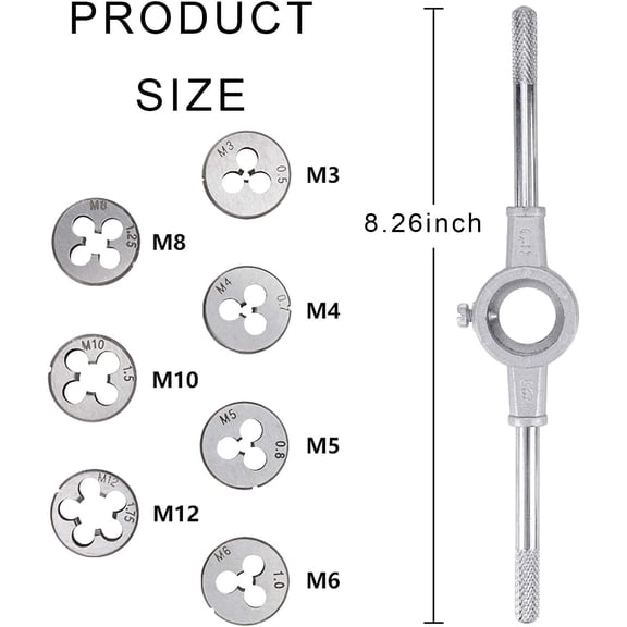 GEREMF-8 Pcs Metric Die Set - Screw Die & Adjustable Wrench Holder with M3-M12 Dies Threading and Rethreading Cutting External Thread Processing Tapping Hand Tool Kit for Home DIY, Garage